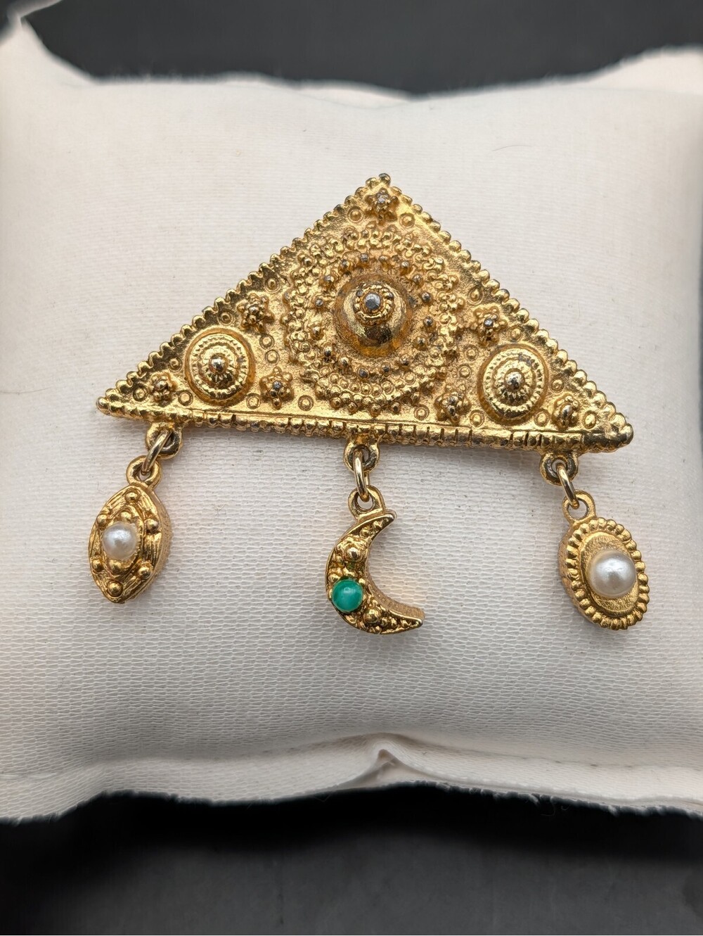 Vintage Goldette Gold Tone Triangle Brooch Pin Crescent Moon Faux Pearl Dangle